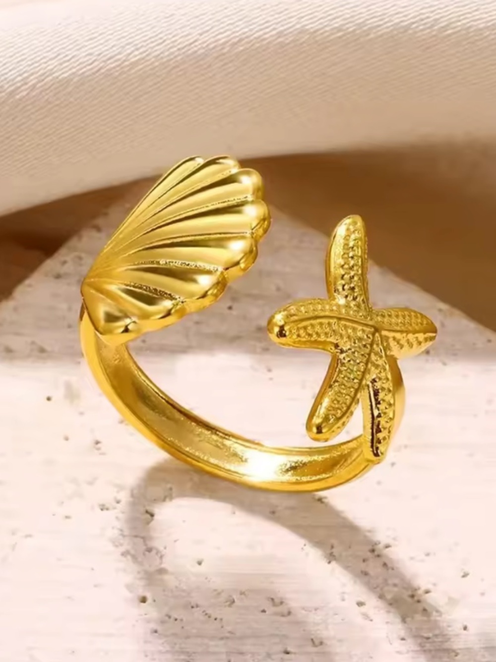 Gold Starfish and Seashell Open Wrap Ring